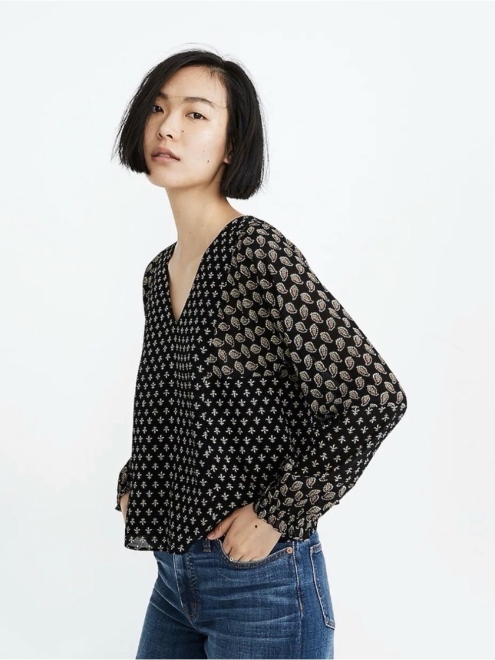 Madewell sheer sleeve chiffon top in brushstroke paisley